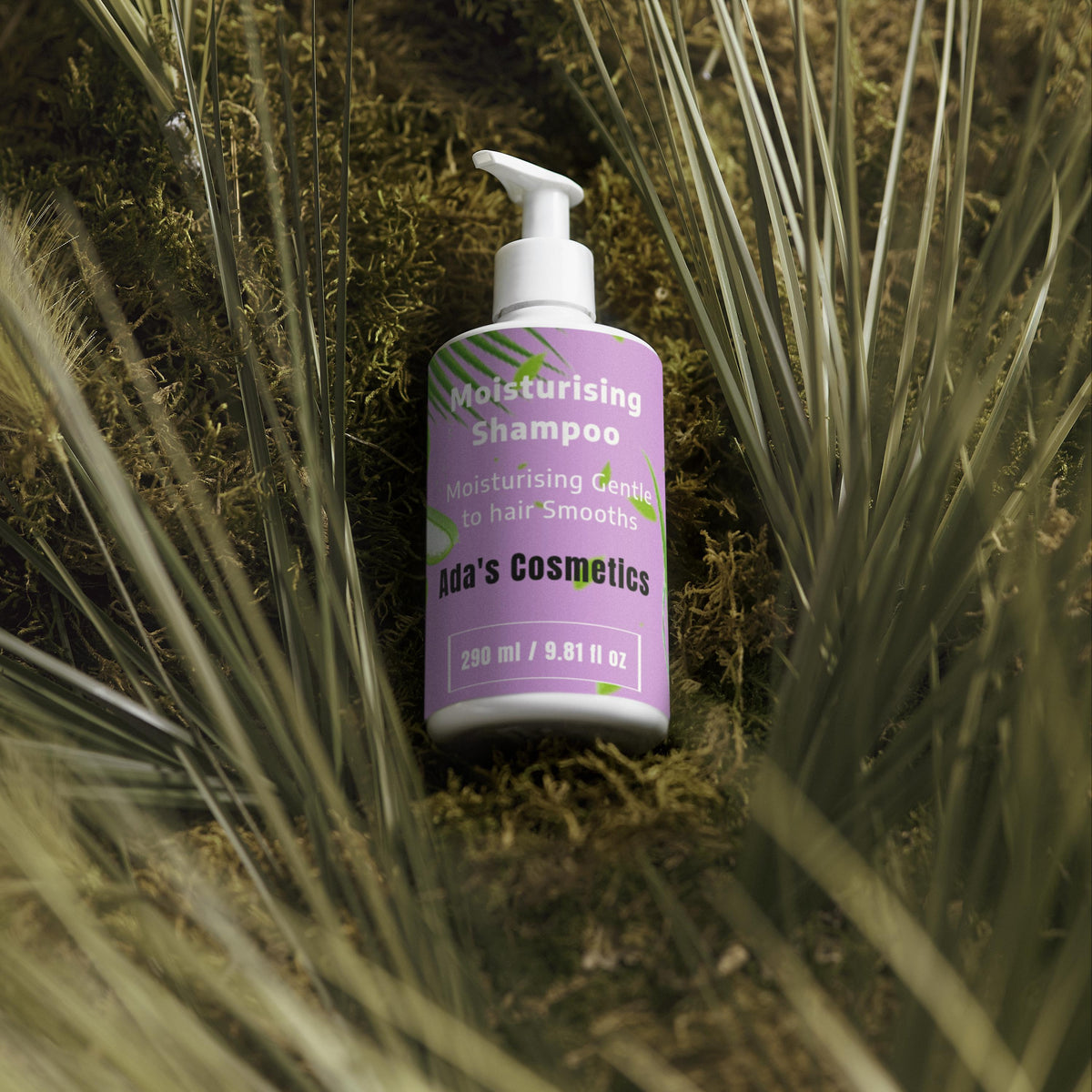 Purple shampoo bottle labeled 'Kids' Cosmetics' on a natural background with plants.
