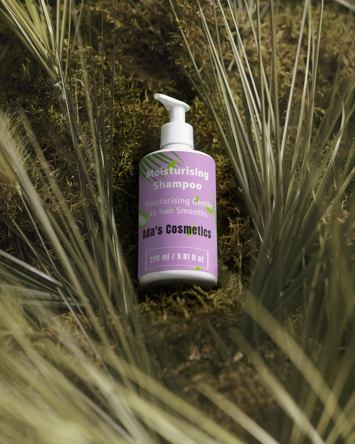 Purple shampoo bottle labeled 'Kids' Cosmetics' on a natural background with plants.