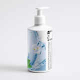 White bottle with a colorful label on a white background