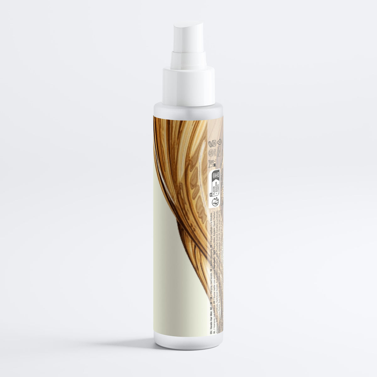 Hair product bottle with a wooden design on a white background