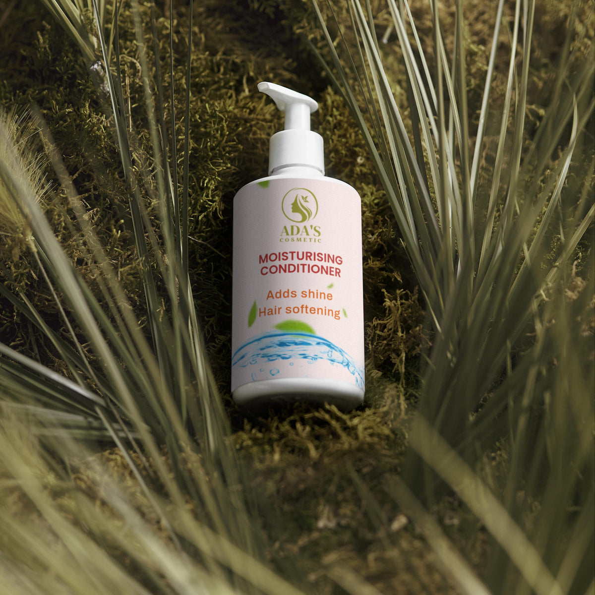 Conditioner bottle on a natural background with plants