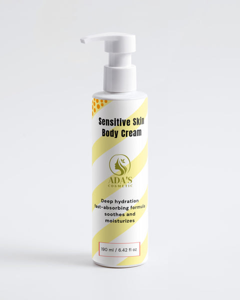 Sensitive skin body cream bottle with yellow label on a white background