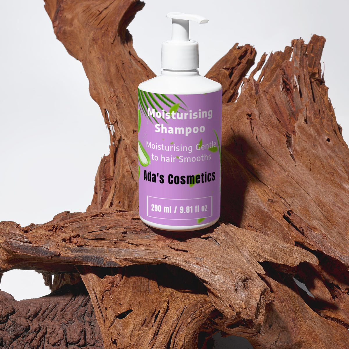 Shampoo bottle with purple label on a wooden surface