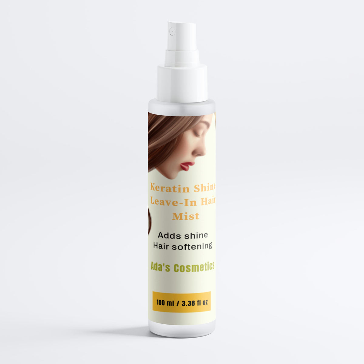 Hair mist bottle with a label on a white background