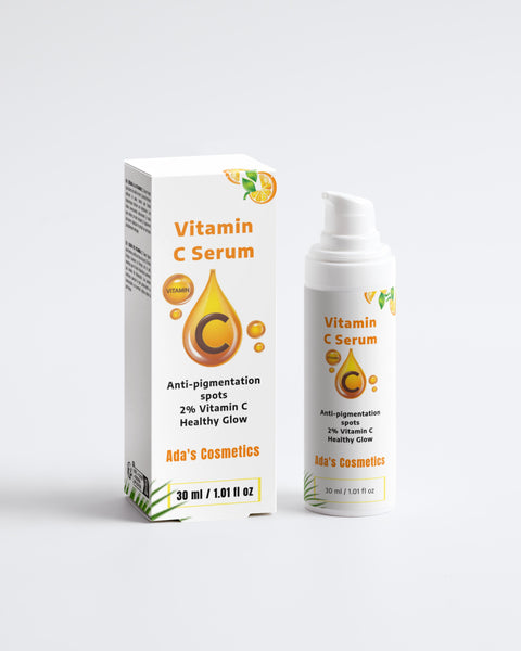 Vitamin C serum packaging with box and bottle on a white background